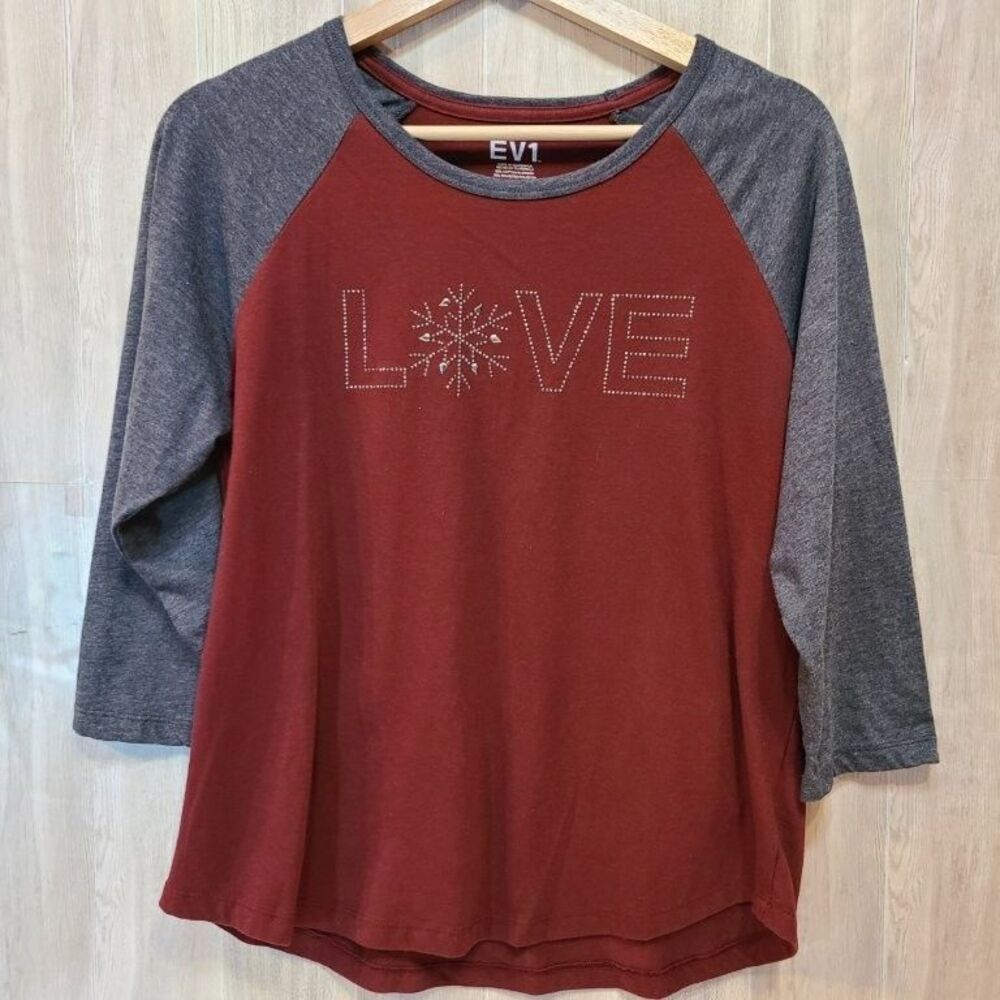 EV1 Large Love Raglan T-Shirt Burgundy Gray Junior's Casual Top